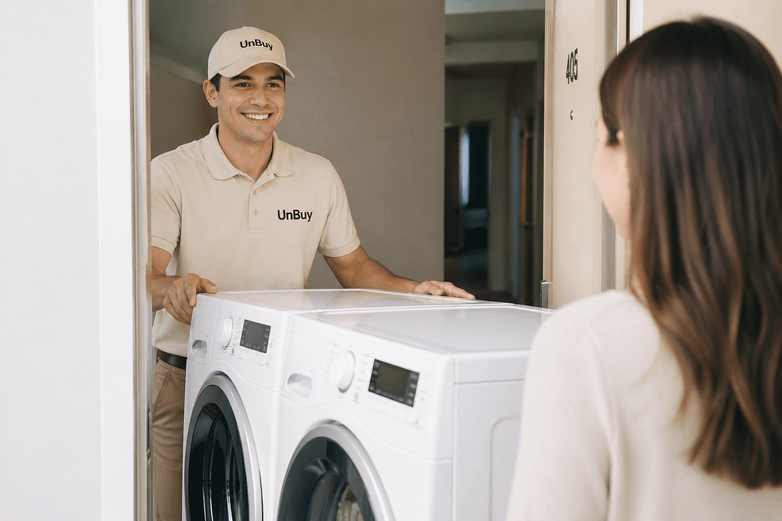 UnBuy delivering rental items to a Montreal apartment door.